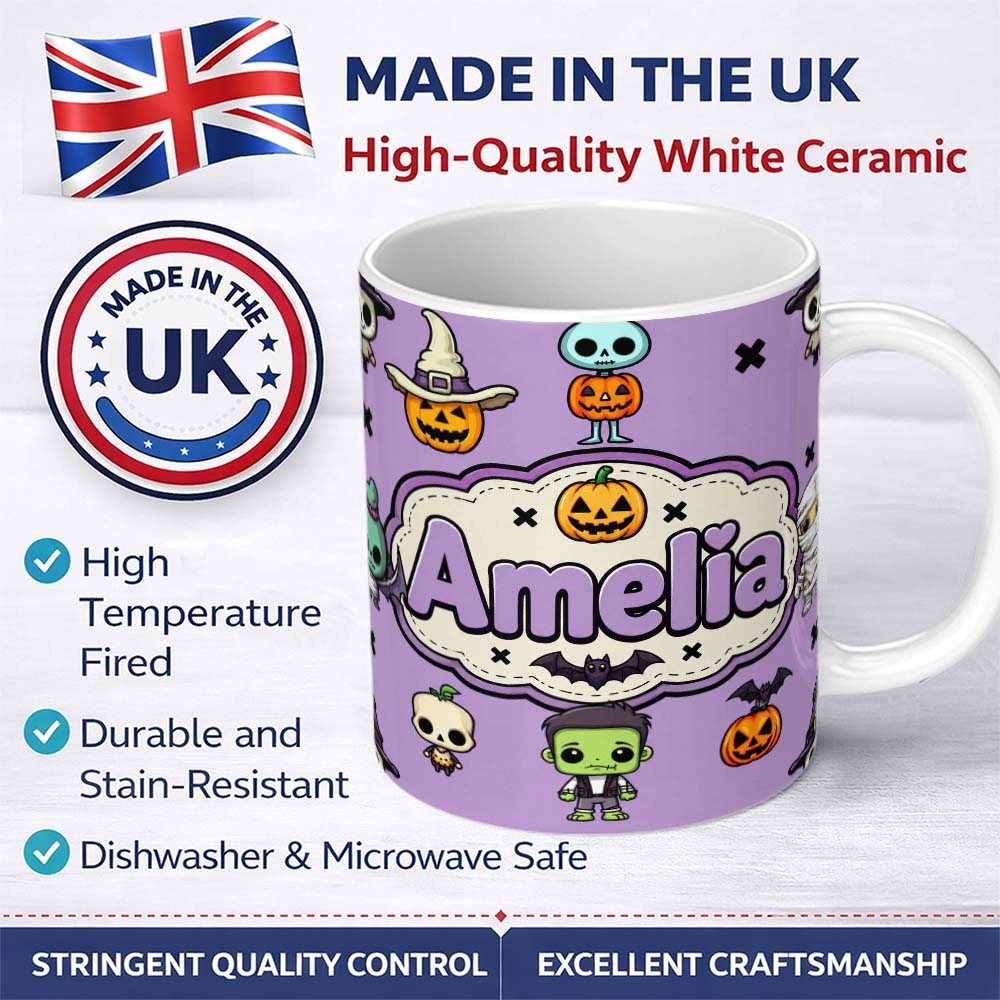 Personalized Custom Name Halloween Frankenstein Mummy Bat Pumpkin Seamless Pattern Purple 11oz Ceramic Coffee Tea Mug White Large Handle