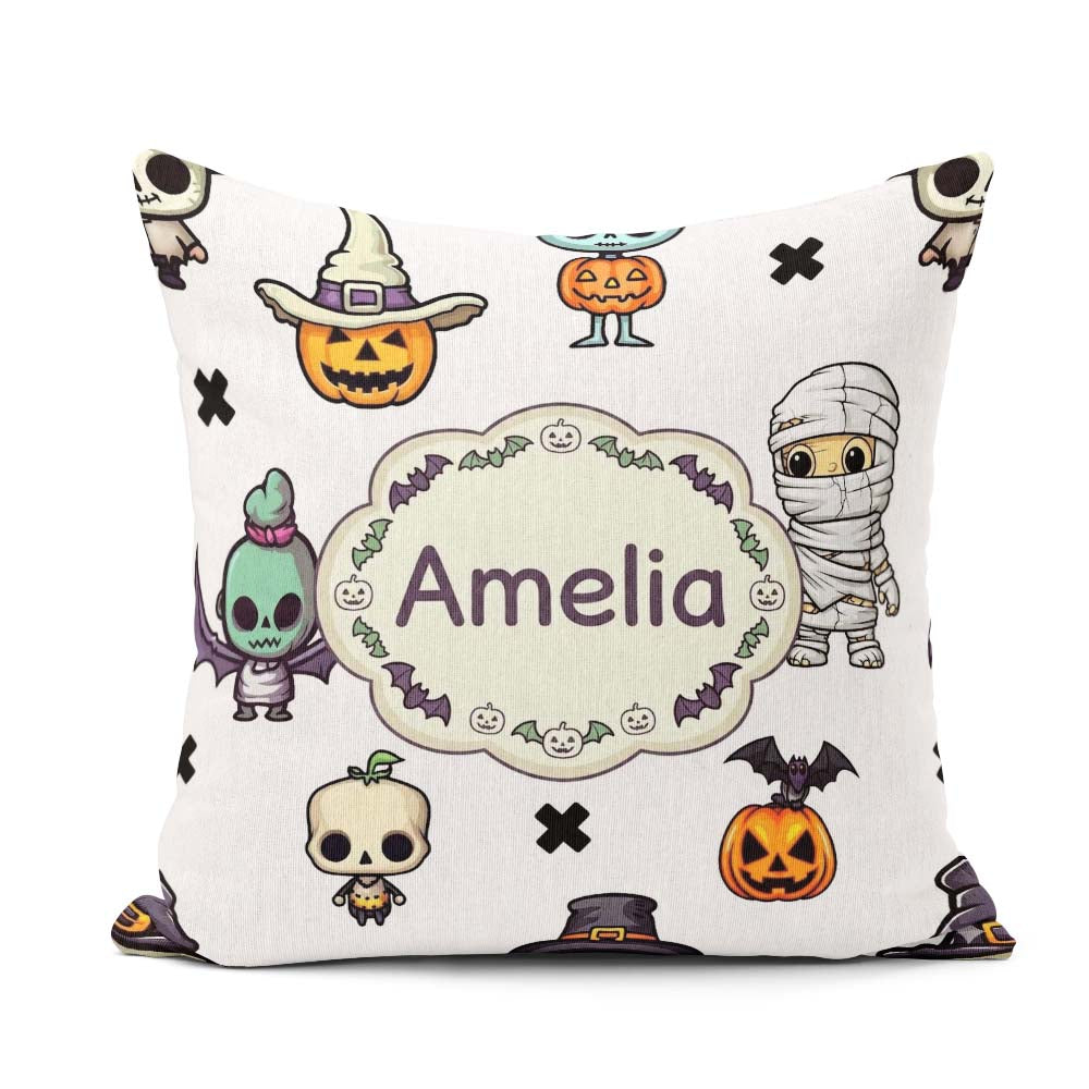 Custom Name Frankenstein Mummy Bat Pumpkin Seamless Pattern Grey Square Filled Cushion Throw Pillow Sofa Bed Home Decor Zip Washable UK Made