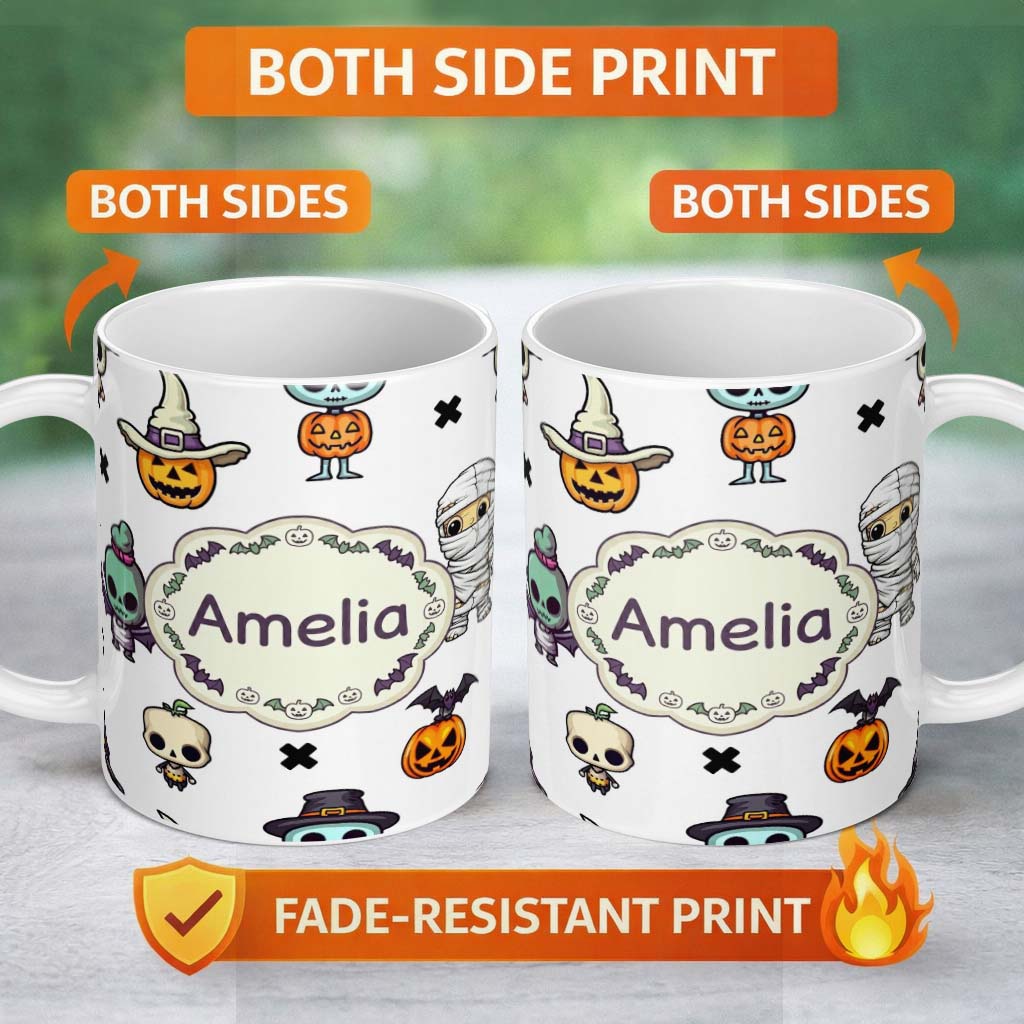 Personalized Custom Name Cute Halloween Frankenstein Mummy Bat Pumpkin Seamless Pattern Grey 11oz Ceramic Coffee Tea Mug White Large Handle