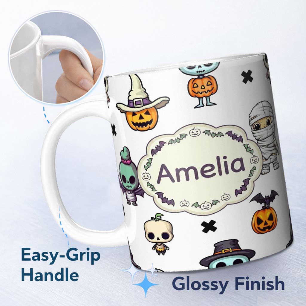 Personalized Custom Name Cute Halloween Frankenstein Mummy Bat Pumpkin Seamless Pattern Grey 11oz Ceramic Coffee Tea Mug White Large Handle