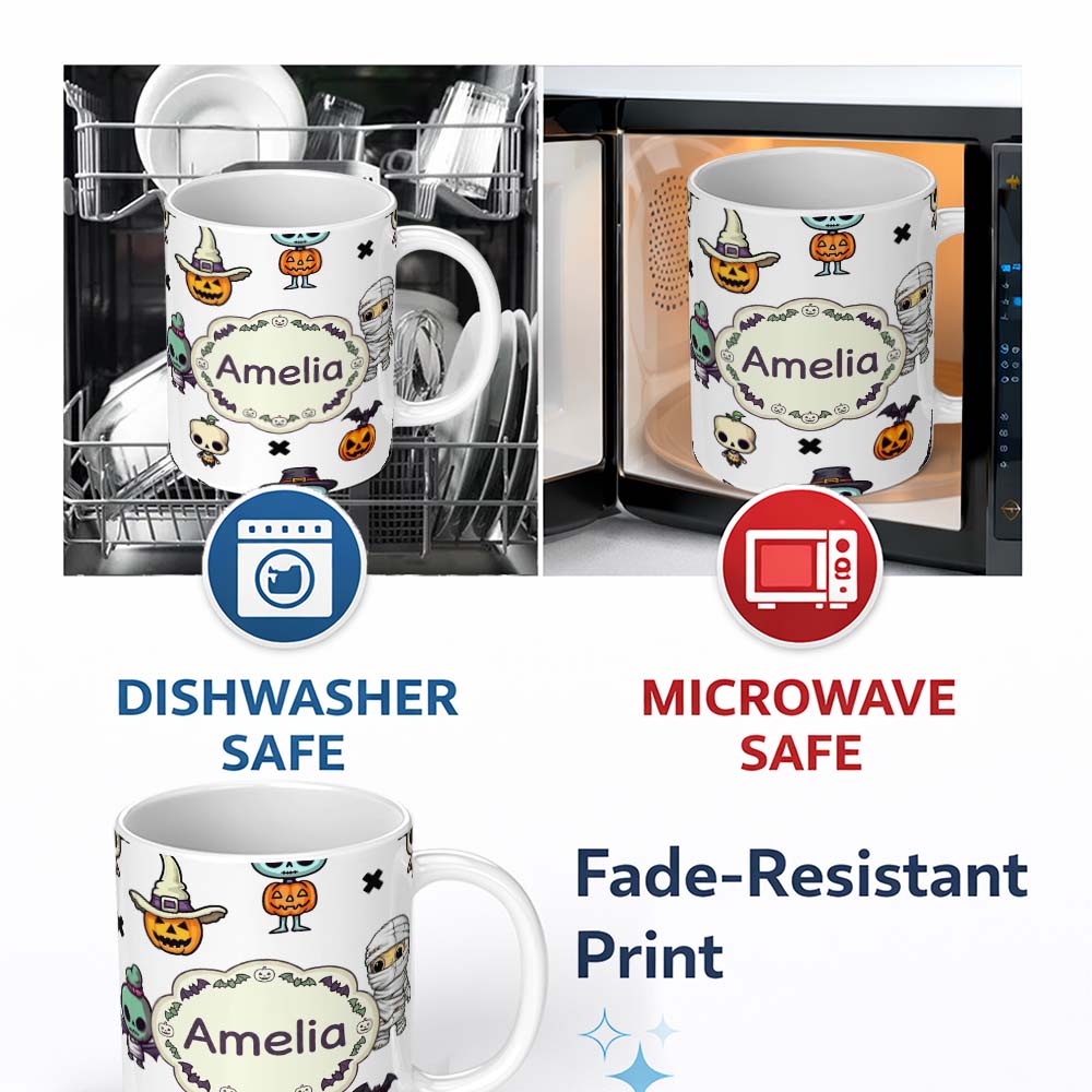 Personalized Custom Name Cute Halloween Frankenstein Mummy Bat Pumpkin Seamless Pattern Grey 11oz Ceramic Coffee Tea Mug White Large Handle