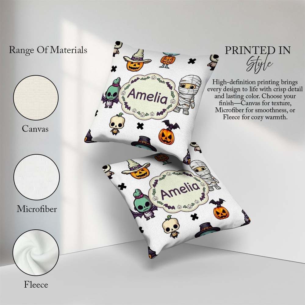 Custom Name Frankenstein Mummy Bat Pumpkin Seamless Pattern Grey Square Filled Cushion Throw Pillow Sofa Bed Home Decor Zip Washable UK Made