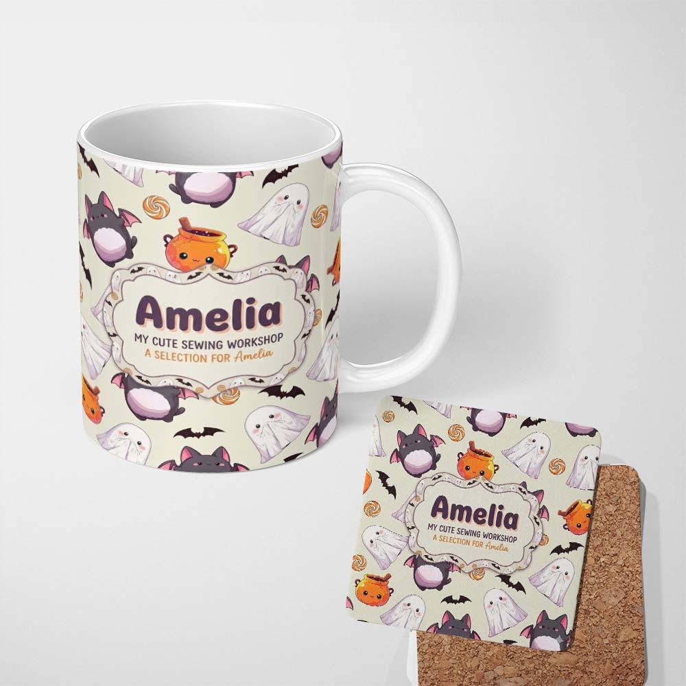 Personalized Custom Name Cute Kawaii Halloween Ghost Bat Candy Pumpkin Seamless Pattern 11oz Ceramic Coffee Tea Mug White Large Handle