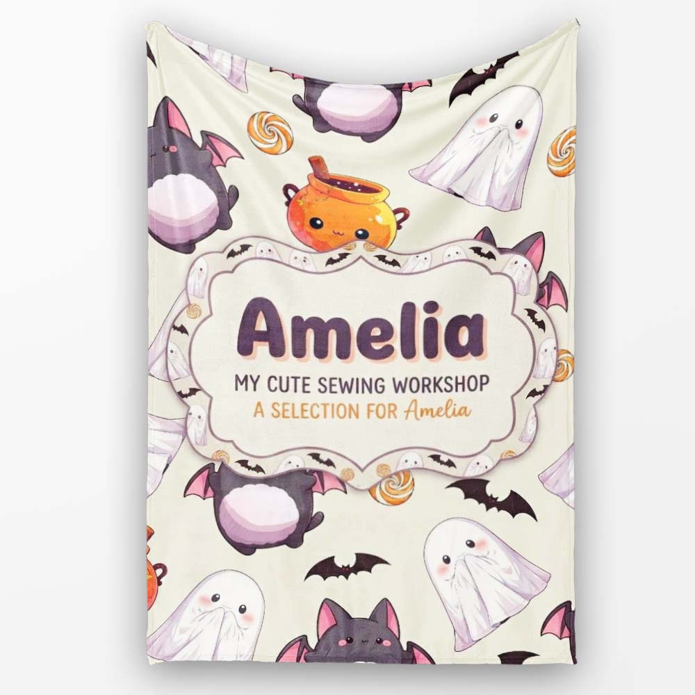 Cute Kawaii Halloween Ghost Bat Candy Pumpkin Seamless Pattern Personalised Custom Name Super Soft Fleece Blanket Bed Sofa Throw
