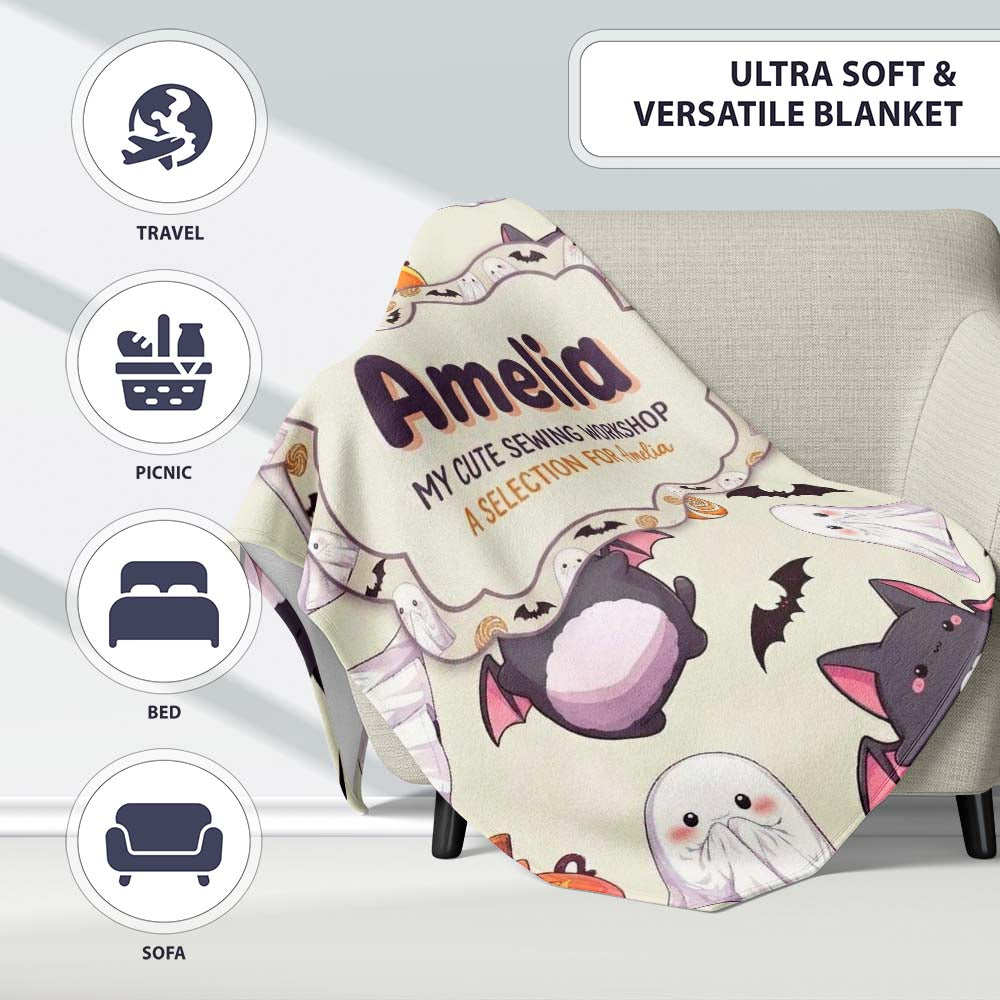 Cute Kawaii Halloween Ghost Bat Candy Pumpkin Seamless Pattern Personalised Custom Name Super Soft Fleece Blanket Bed Sofa Throw