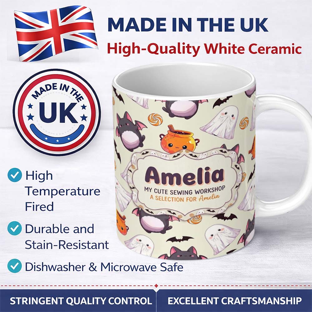 Personalized Custom Name Cute Kawaii Halloween Ghost Bat Candy Pumpkin Seamless Pattern 11oz Ceramic Coffee Tea Mug White Large Handle
