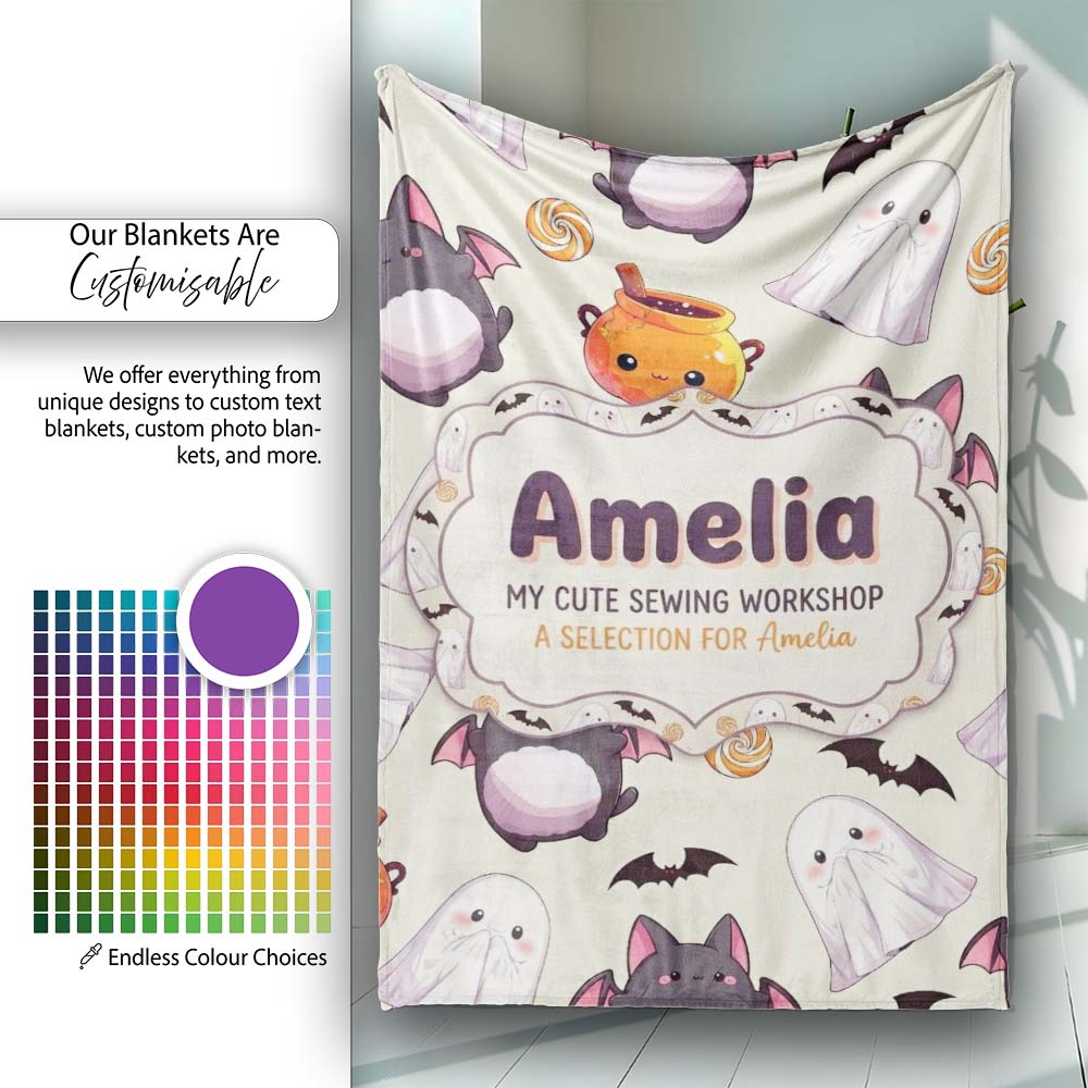 Cute Kawaii Halloween Ghost Bat Candy Pumpkin Seamless Pattern Personalised Custom Name Super Soft Fleece Blanket Bed Sofa Throw