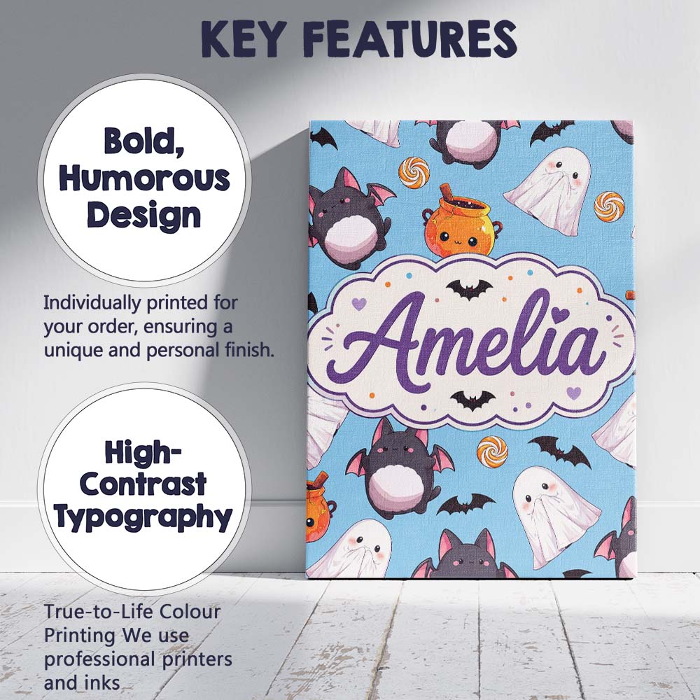 Personalised Name Cute Kawaii Halloween Custom Modern Room Accent Elegant Feature Canvas Wall Art Print Decor Picture Ready to Hang