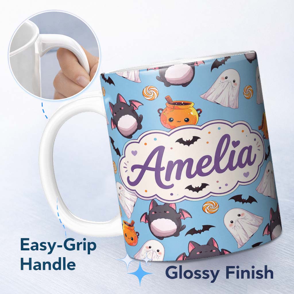 Personalized Custom Name Cute Kawaii Halloween Ghost Bat Candy Pumpkin Seamless Pattern Blue 11oz Ceramic Coffee Tea Mug White Large Handle
