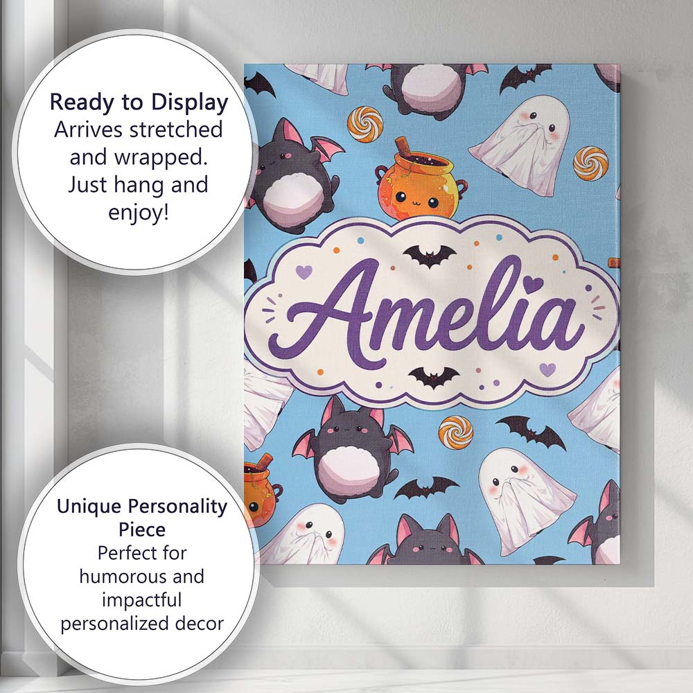 Personalised Name Cute Kawaii Halloween Custom Modern Room Accent Elegant Feature Canvas Wall Art Print Decor Picture Ready to Hang