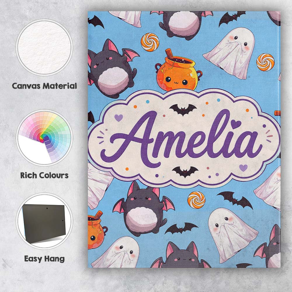 Personalised Name Cute Kawaii Halloween Custom Modern Room Accent Elegant Feature Canvas Wall Art Print Decor Picture Ready to Hang