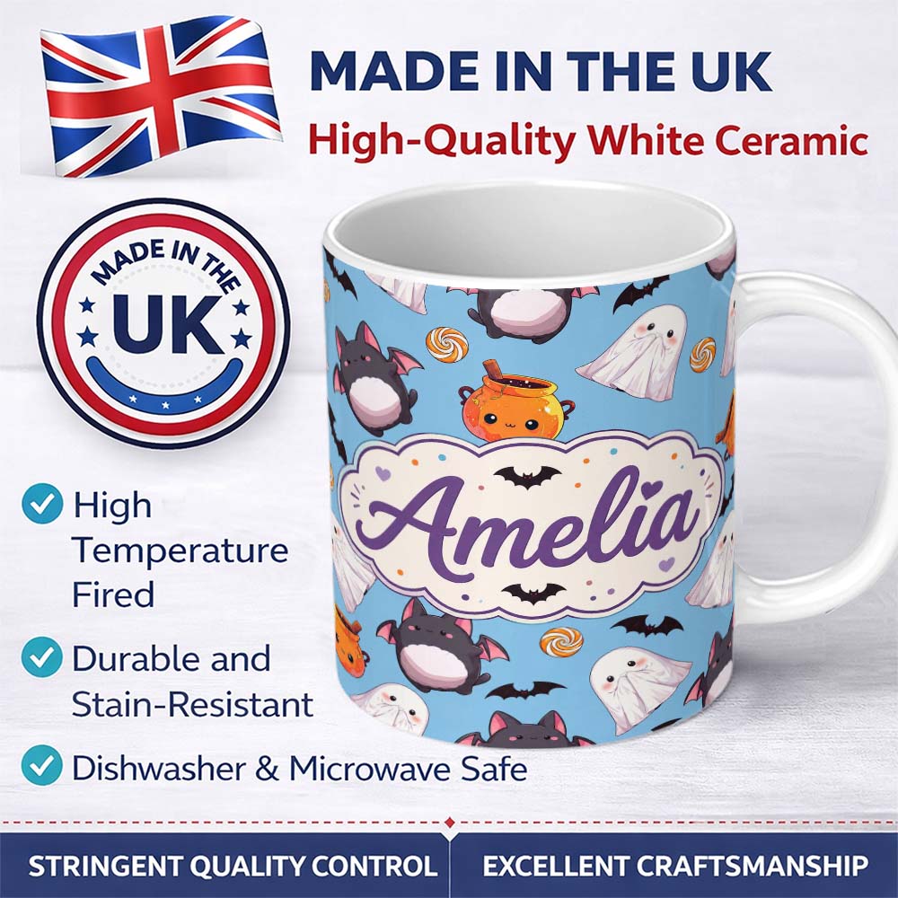 Personalized Custom Name Cute Kawaii Halloween Ghost Bat Candy Pumpkin Seamless Pattern Blue 11oz Ceramic Coffee Tea Mug White Large Handle