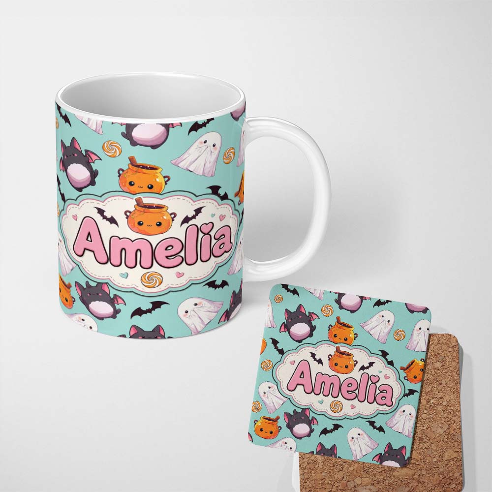 Personalized Custom Name Cute Kawaii Halloween Ghost Bat Candy Pumpkin Seamless Pattern Mint 11oz Ceramic Coffee Tea Mug White Large Handle