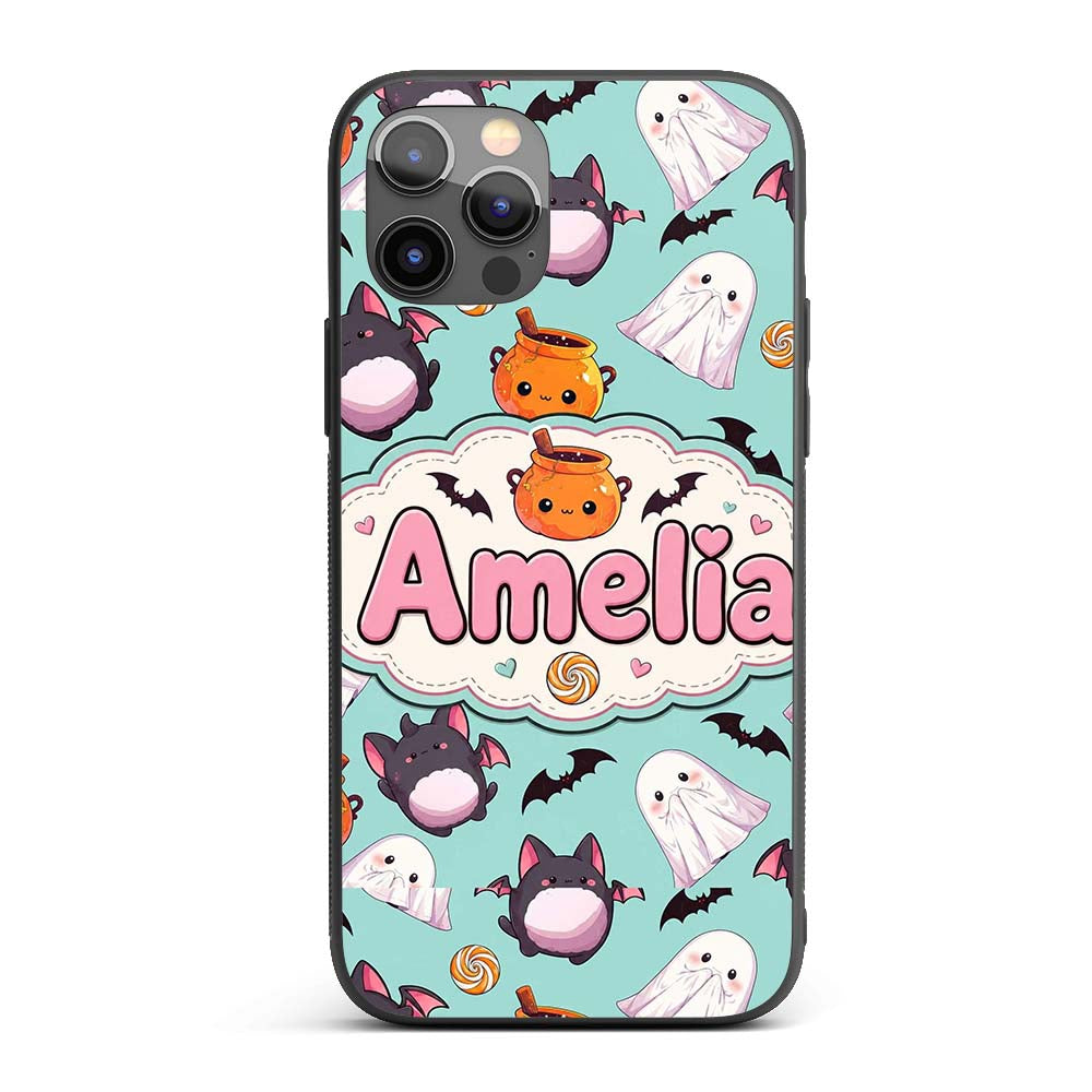 Cute Kawaii Halloween Ghost Bat Candy Pumpkin Custom Name Protective Phone Case Mobile Cover Durable Everyday Smartphone Shock Resistant