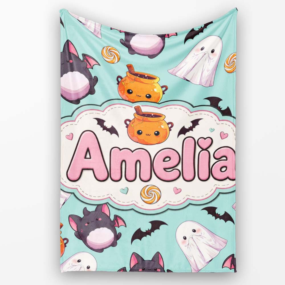Cute Kawaii Halloween Ghost Bat Candy Pumpkin Seamless Pattern Mint Personalised Custom Name Super Soft Fleece Blanket Bed Sofa Throw