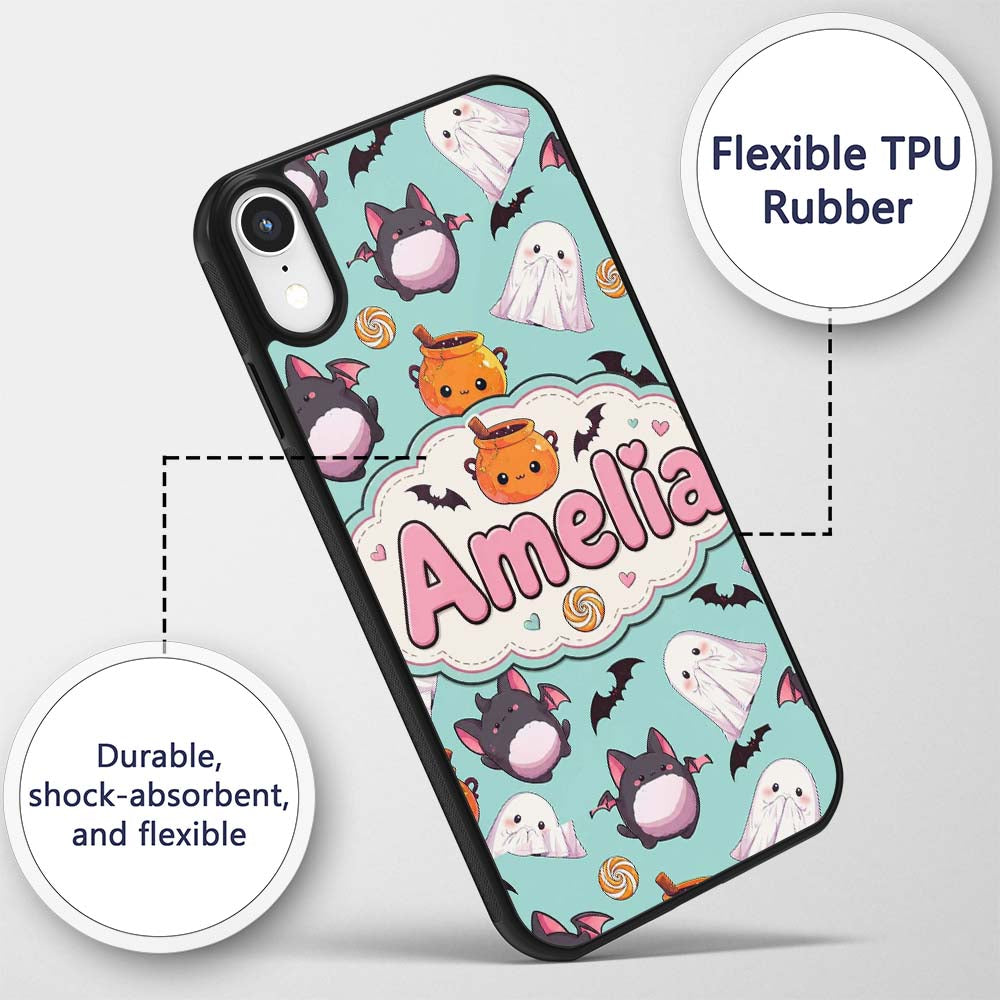 Cute Kawaii Halloween Ghost Bat Candy Pumpkin Custom Name Protective Phone Case Mobile Cover Durable Everyday Smartphone Shock Resistant