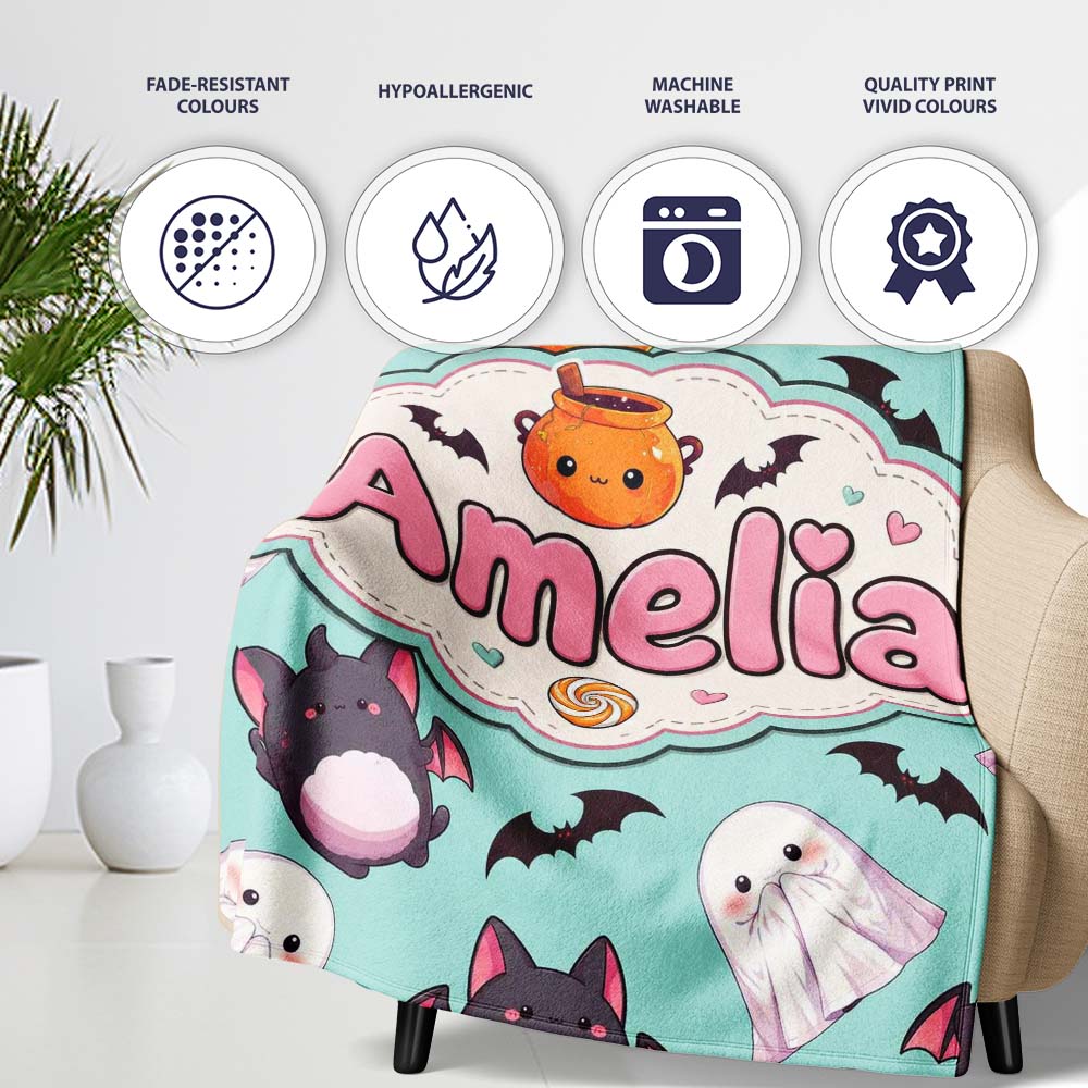 Cute Kawaii Halloween Ghost Bat Candy Pumpkin Seamless Pattern Mint Personalised Custom Name Super Soft Fleece Blanket Bed Sofa Throw