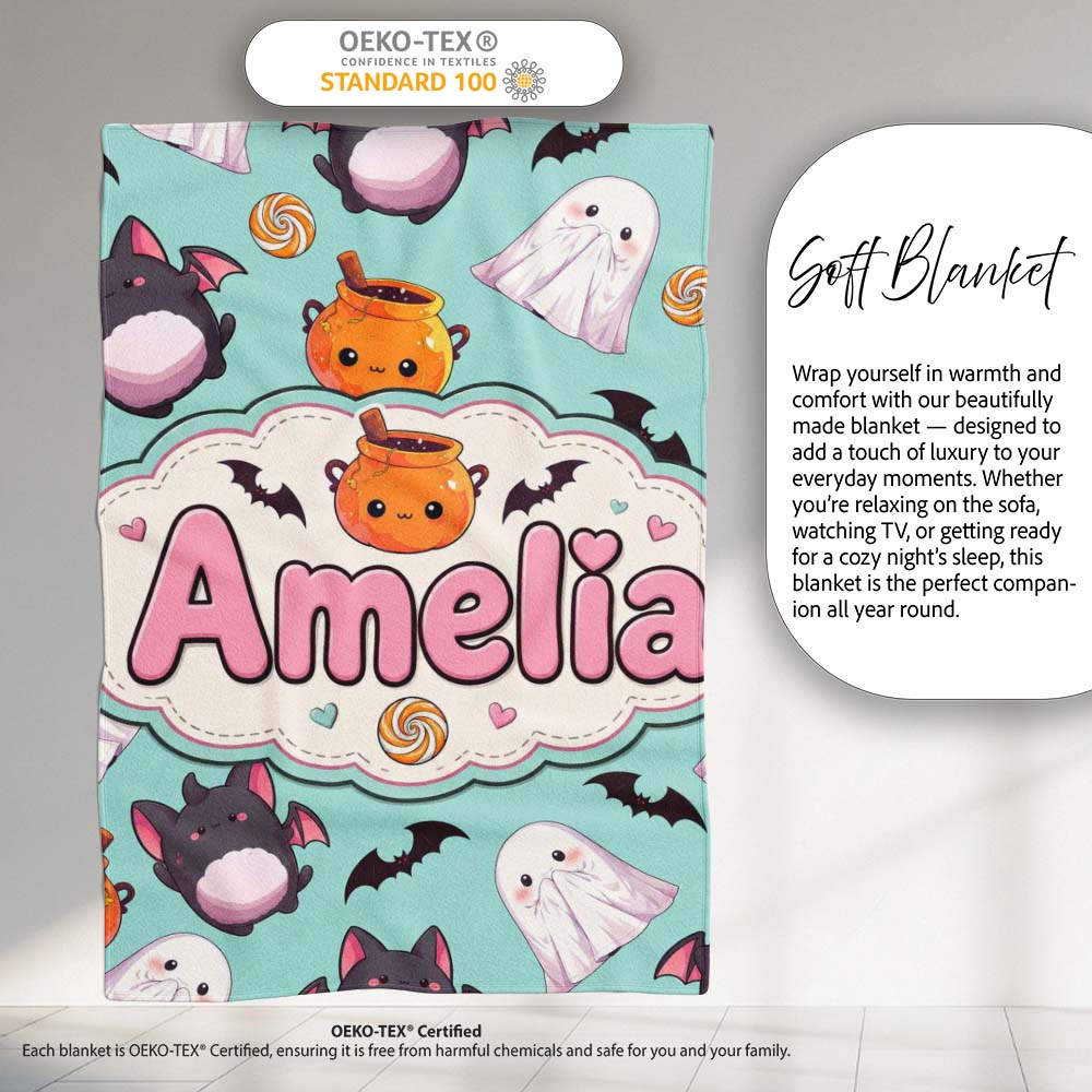 Cute Kawaii Halloween Ghost Bat Candy Pumpkin Seamless Pattern Mint Personalised Custom Name Super Soft Fleece Blanket Bed Sofa Throw