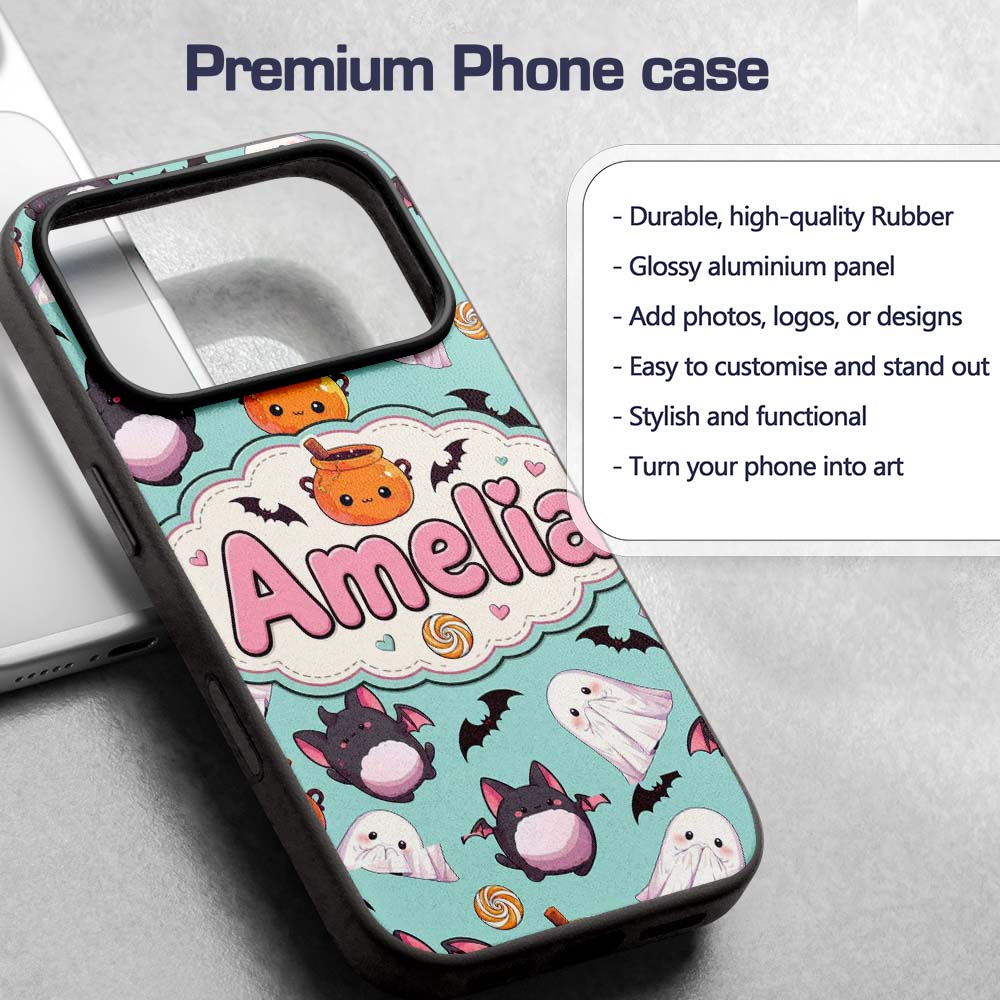 Cute Kawaii Halloween Ghost Bat Candy Pumpkin Custom Name Protective Phone Case Mobile Cover Durable Everyday Smartphone Shock Resistant