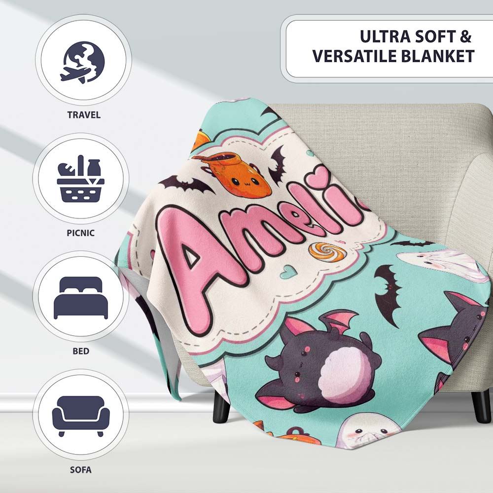 Cute Kawaii Halloween Ghost Bat Candy Pumpkin Seamless Pattern Mint Personalised Custom Name Super Soft Fleece Blanket Bed Sofa Throw