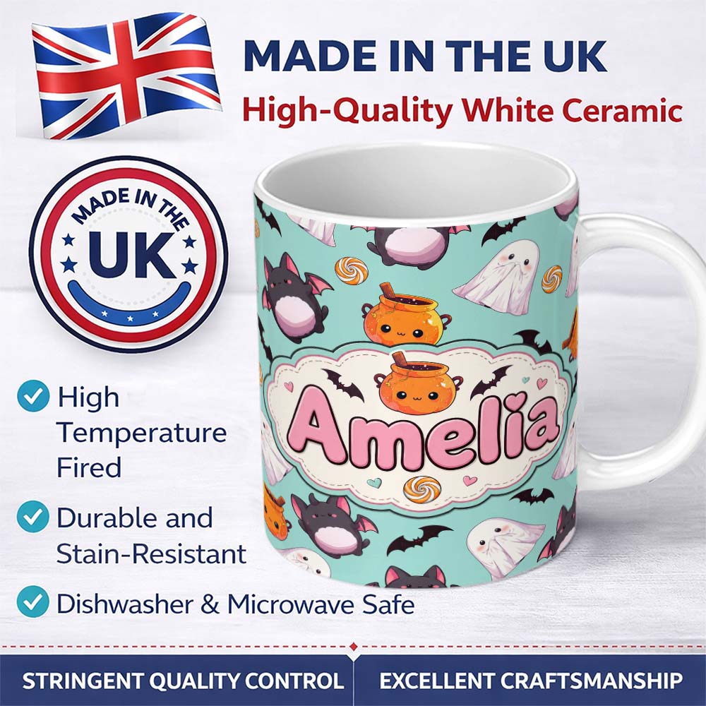 Personalized Custom Name Cute Kawaii Halloween Ghost Bat Candy Pumpkin Seamless Pattern Mint 11oz Ceramic Coffee Tea Mug White Large Handle