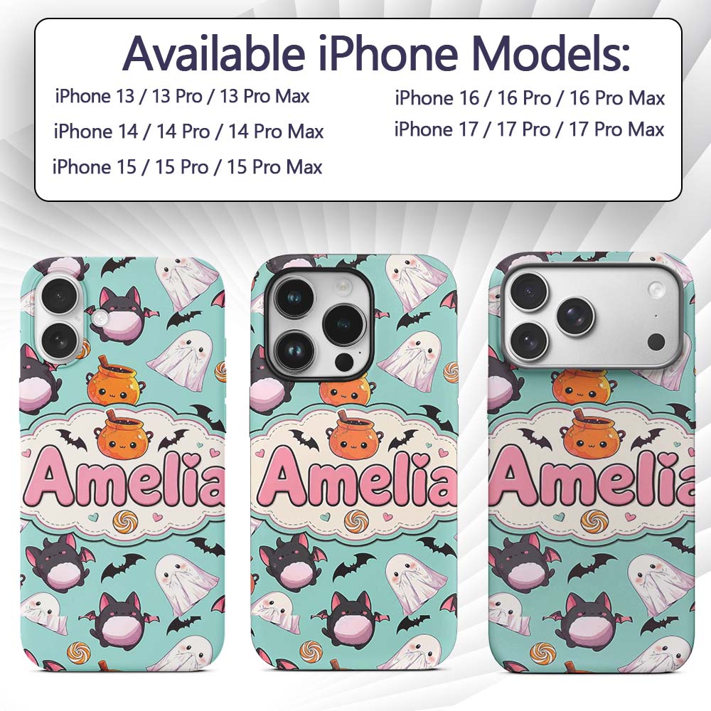 Cute Kawaii Halloween Ghost Bat Candy Pumpkin Custom Name Protective Phone Case Mobile Cover Durable Everyday Smartphone Shock Resistant