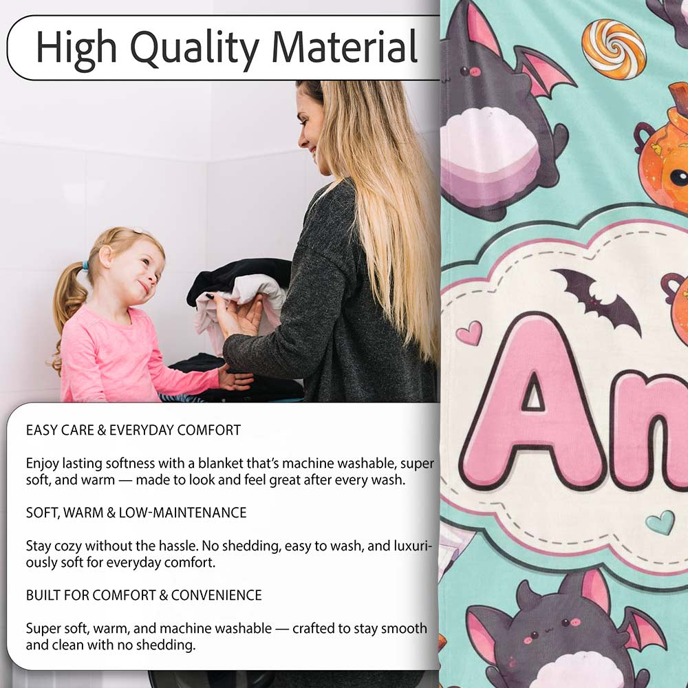 Cute Kawaii Halloween Ghost Bat Candy Pumpkin Seamless Pattern Mint Personalised Custom Name Super Soft Fleece Blanket Bed Sofa Throw