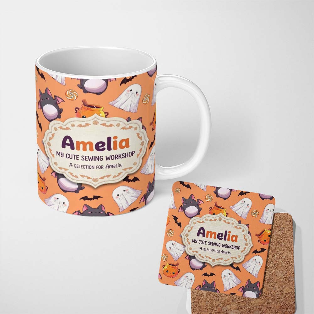 Personalized Custom Name Kawaii Halloween Ghost Bat Candy Pumpkin Seamless Pattern Orange 11oz Ceramic Coffee Tea Mug White Large Handle