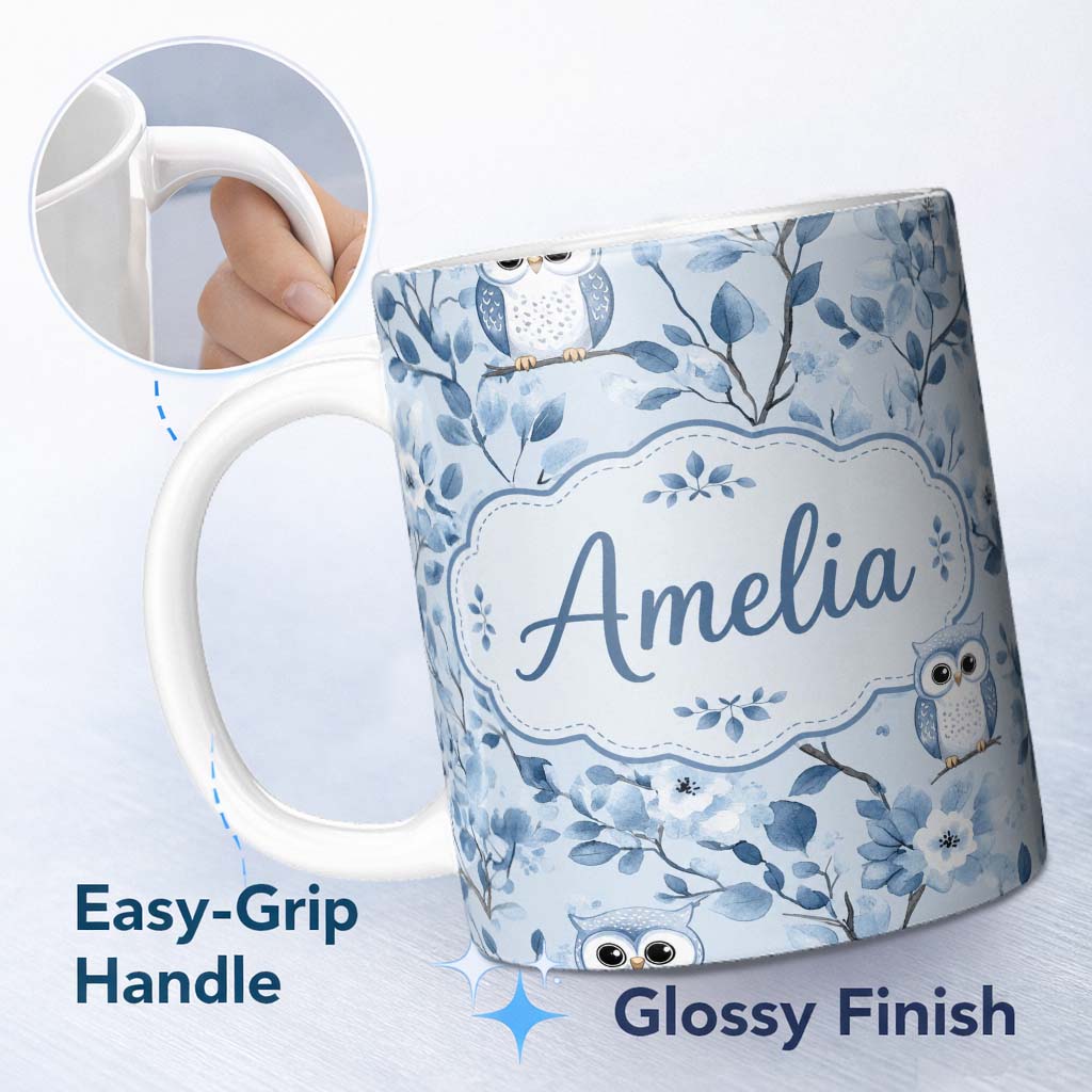 Personalized Custom Name Cute Blue Owl Birds with Floral Branch Background Seamless Pattern 11oz Ceramic Coffee Tea Mug White Large Handle