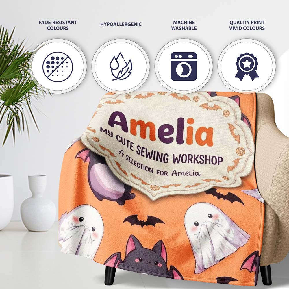 Kawaii Halloween Ghost Bat Candy Pumpkin Seamless Pattern Orange Personalised Custom Name Super Soft Fleece Blanket Bed Sofa Throw