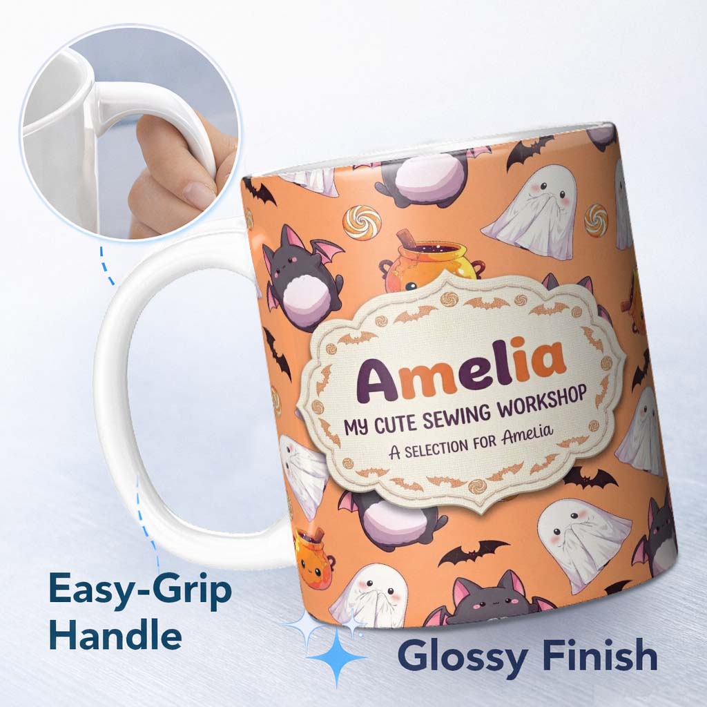 Personalized Custom Name Kawaii Halloween Ghost Bat Candy Pumpkin Seamless Pattern Orange 11oz Ceramic Coffee Tea Mug White Large Handle