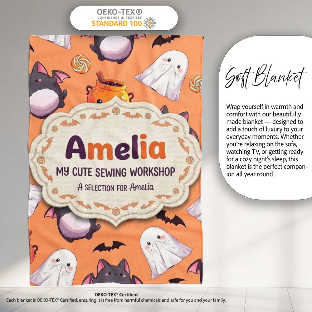 Kawaii Halloween Ghost Bat Candy Pumpkin Seamless Pattern Orange Personalised Custom Name Super Soft Fleece Blanket Bed Sofa Throw