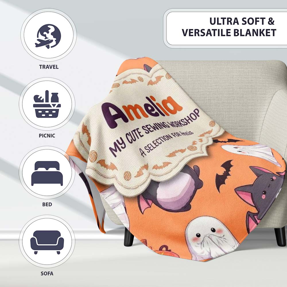 Kawaii Halloween Ghost Bat Candy Pumpkin Seamless Pattern Orange Personalised Custom Name Super Soft Fleece Blanket Bed Sofa Throw