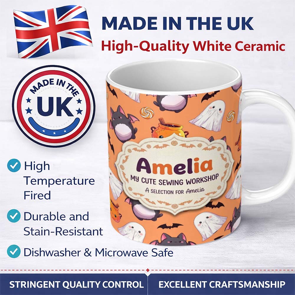 Personalized Custom Name Kawaii Halloween Ghost Bat Candy Pumpkin Seamless Pattern Orange 11oz Ceramic Coffee Tea Mug White Large Handle