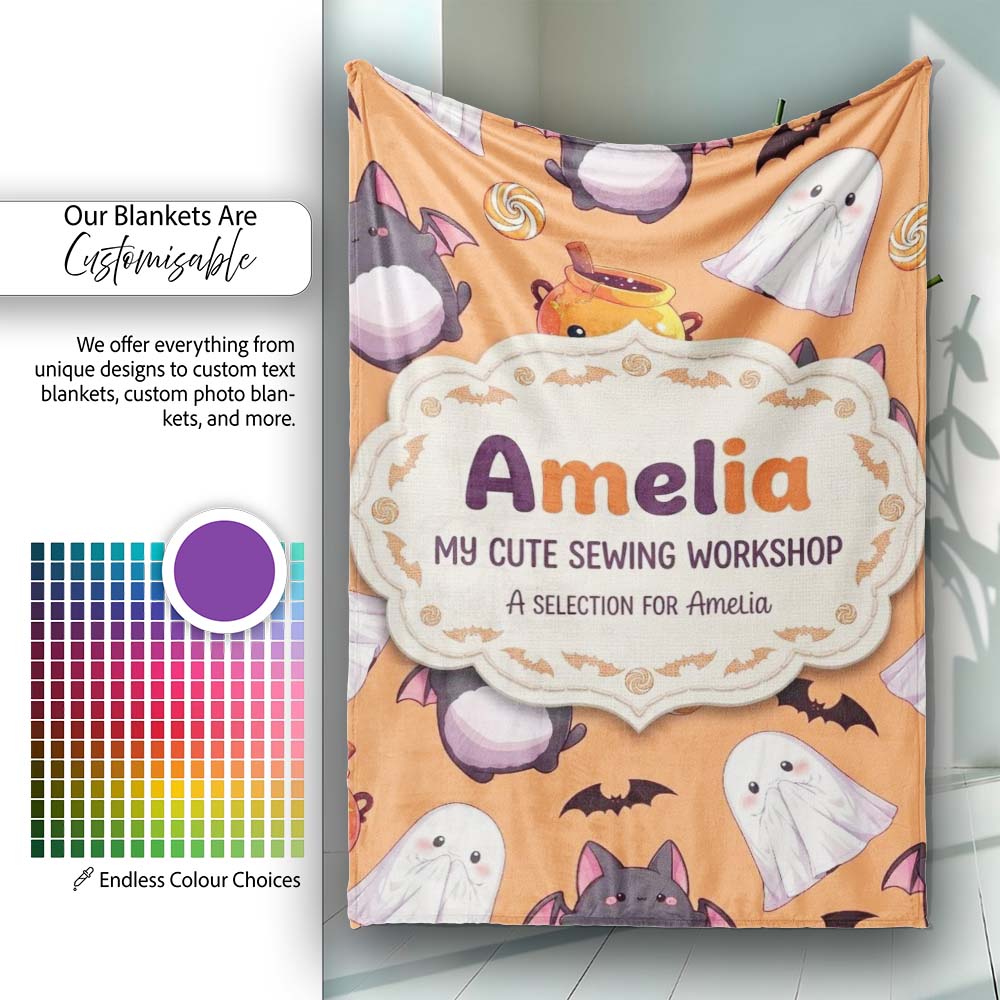 Kawaii Halloween Ghost Bat Candy Pumpkin Seamless Pattern Orange Personalised Custom Name Super Soft Fleece Blanket Bed Sofa Throw