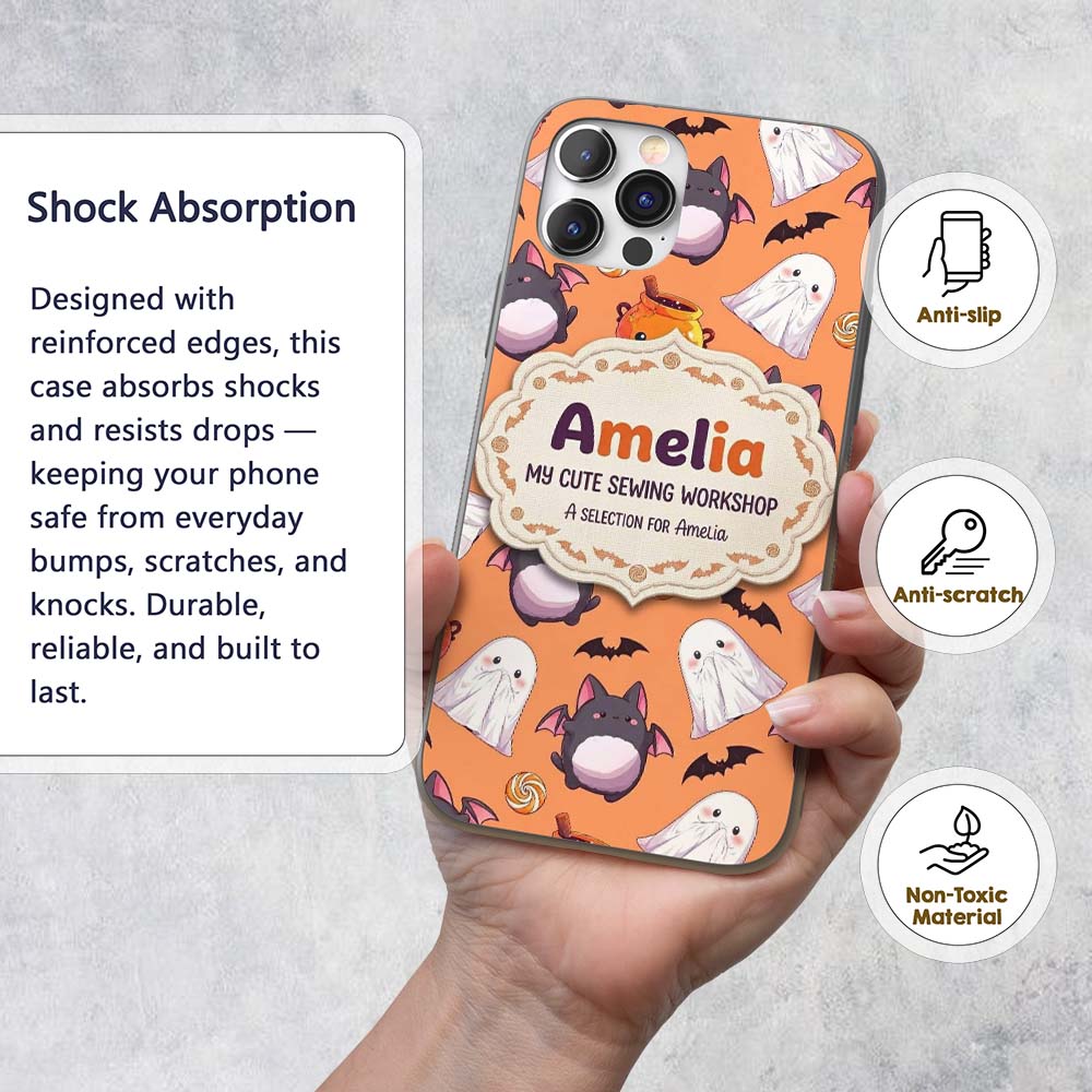 Kawaii Halloween Ghost Bat Candy Pumpkin Seamless Custom Name Protective Phone Case Mobile Cover Durable Everyday Smartphone Shock Resistant
