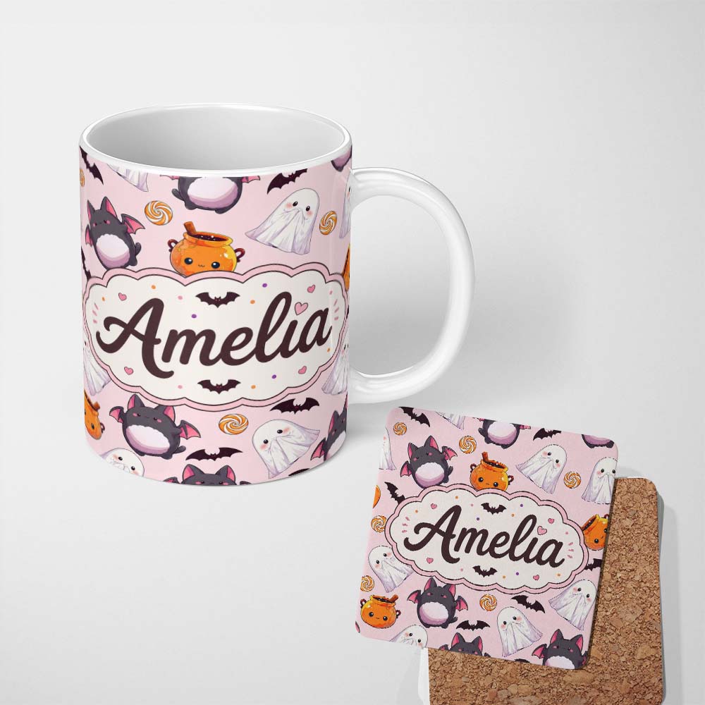 Personalized Custom Name Cute Kawaii Halloween Ghost Bat Candy Pumpkin Seamless Pattern 11oz Ceramic Coffee Tea Mug White Large Handle