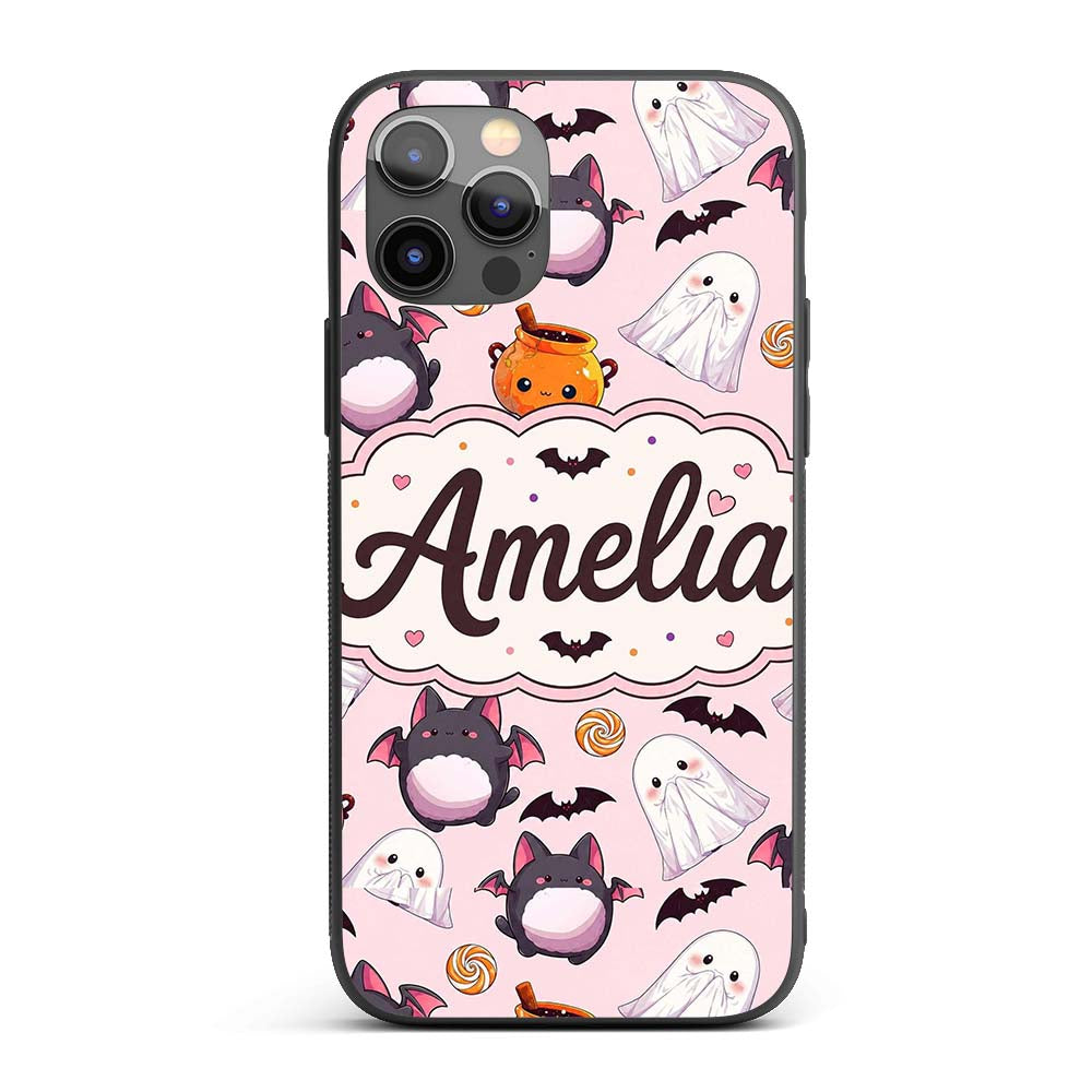 Cute Kawaii Halloween Ghost Bat Candy Pumpkin Custom Name Protective Phone Case Mobile Cover Durable Everyday Smartphone Shock Resistant