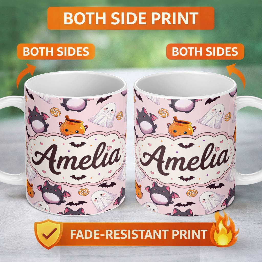Personalized Custom Name Cute Kawaii Halloween Ghost Bat Candy Pumpkin Seamless Pattern 11oz Ceramic Coffee Tea Mug White Large Handle