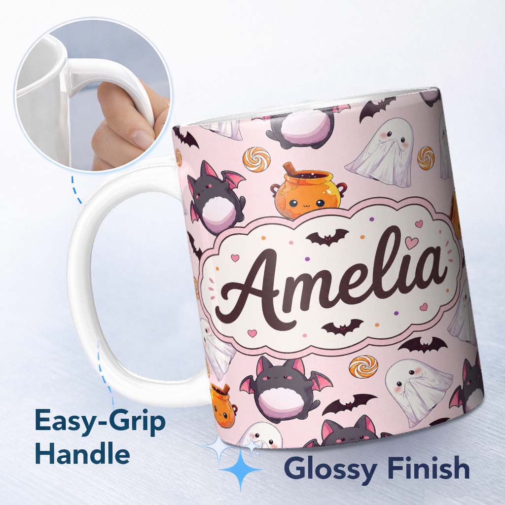 Personalized Custom Name Cute Kawaii Halloween Ghost Bat Candy Pumpkin Seamless Pattern 11oz Ceramic Coffee Tea Mug White Large Handle