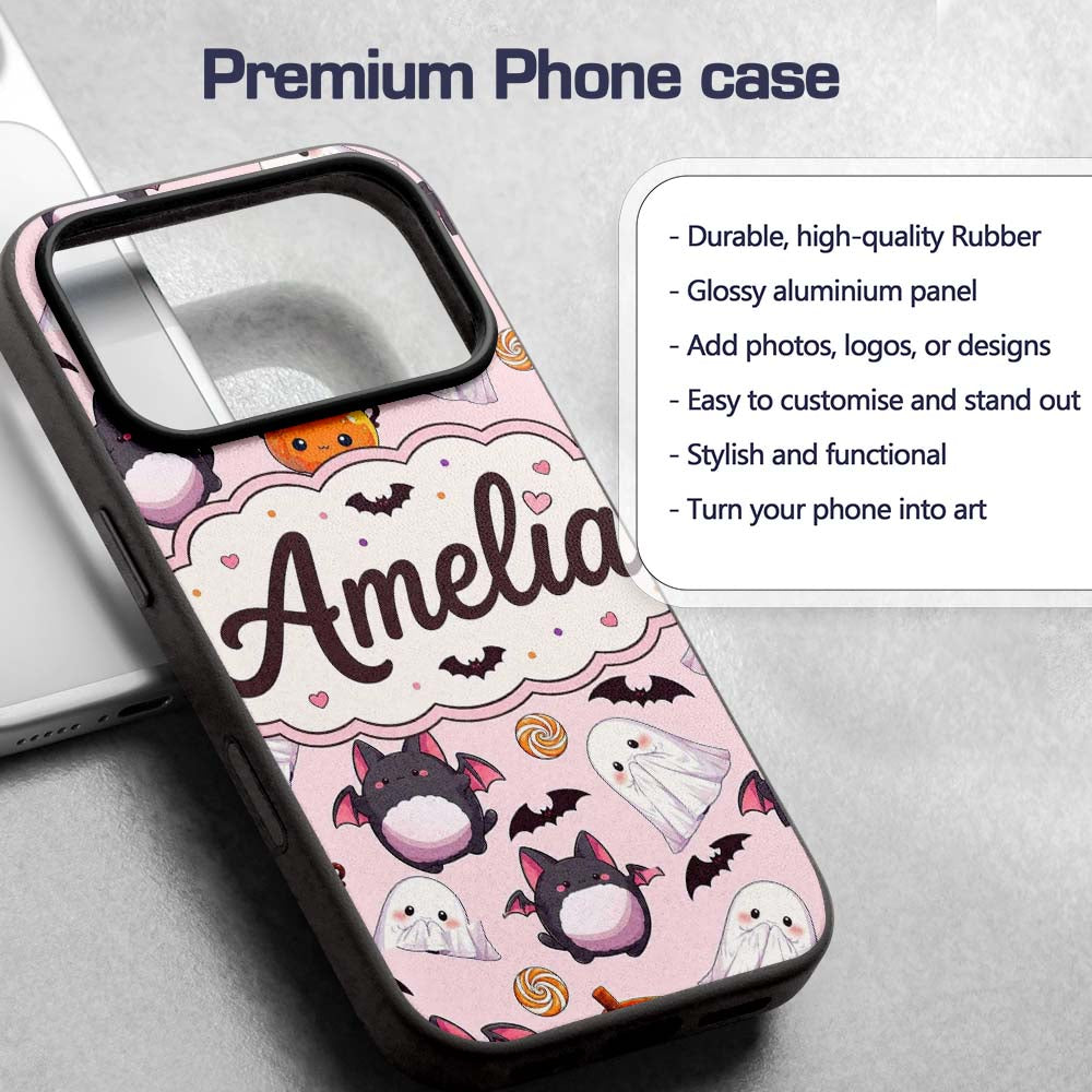 Cute Kawaii Halloween Ghost Bat Candy Pumpkin Custom Name Protective Phone Case Mobile Cover Durable Everyday Smartphone Shock Resistant