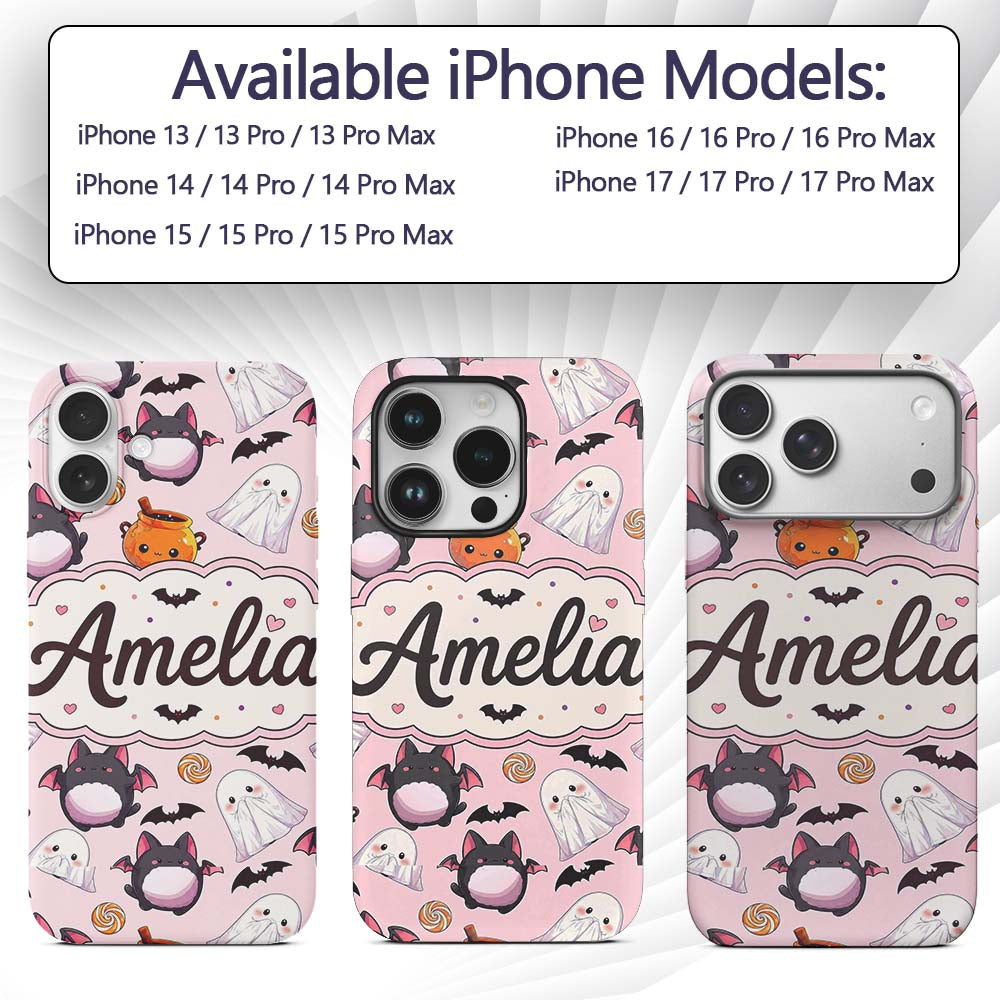 Cute Kawaii Halloween Ghost Bat Candy Pumpkin Custom Name Protective Phone Case Mobile Cover Durable Everyday Smartphone Shock Resistant