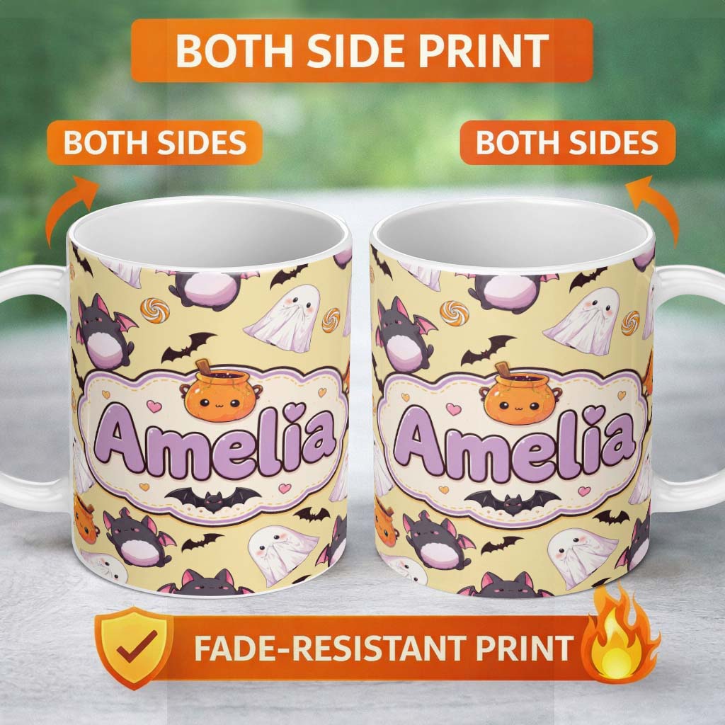 Personalized Custom Name Kawaii Halloween Ghost Bat Candy Pumpkin Seamless Pattern Yellow 11oz Ceramic Coffee Tea Mug White Large Handle