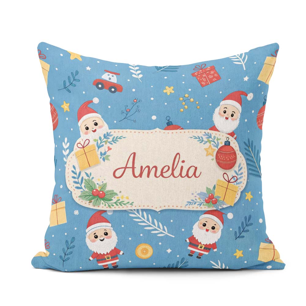 Custom Name Red Festive Christmas Tree Reindeer Snowman Seamless Square Filled Cushion Throw Pillow Sofa Bed Home Decor Zip Washable UK Made