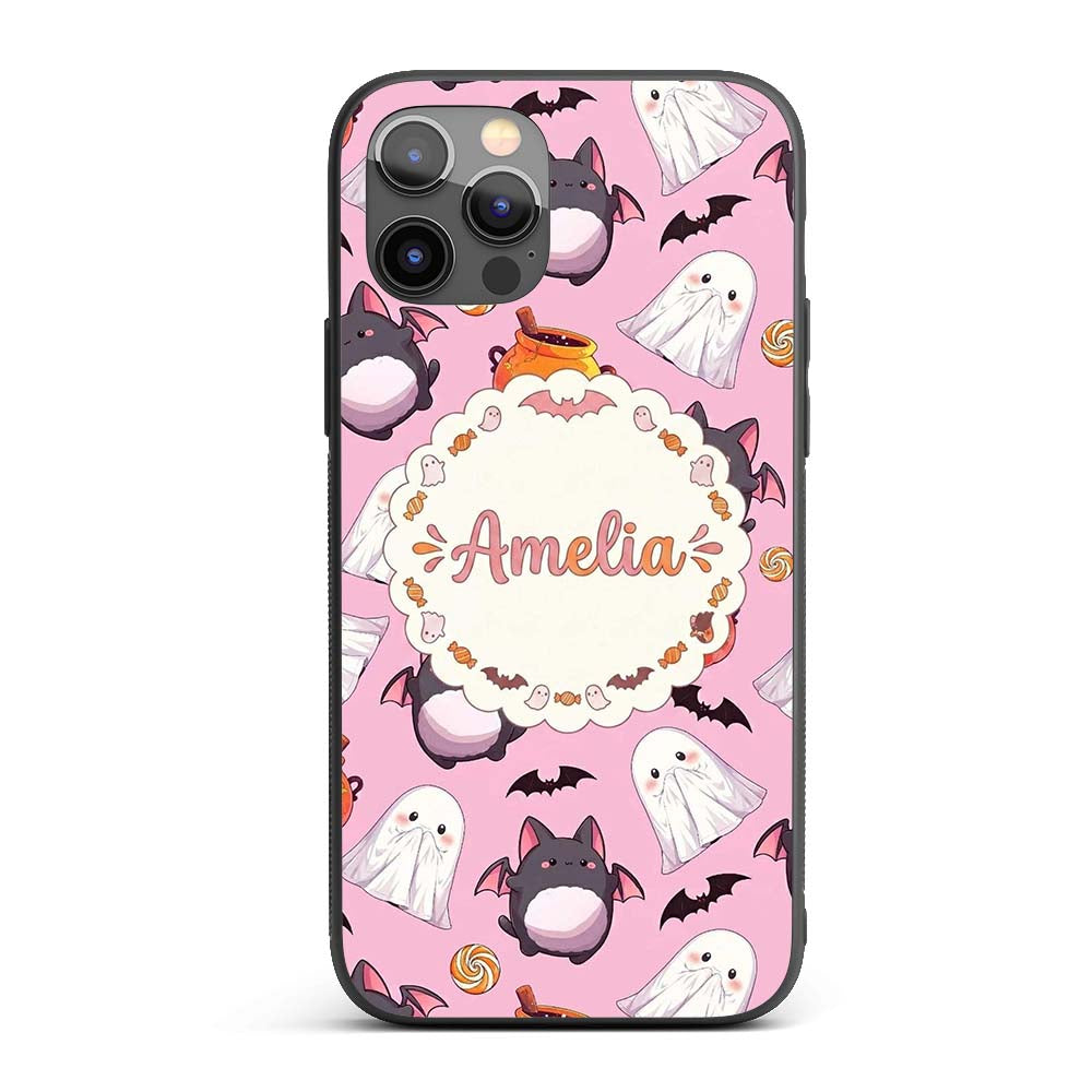 Cute Kawaii Halloween Ghost Bat Candy Pumpkin Custom Name Protective Phone Case Mobile Cover Durable Everyday Smartphone Shock Resistant