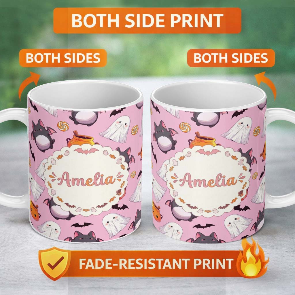 Personalized Custom Name Cute Kawaii Halloween Ghost Bat Candy Pumpkin Seamless Pattern Pink 11oz Ceramic Coffee Tea Mug White Large Handle