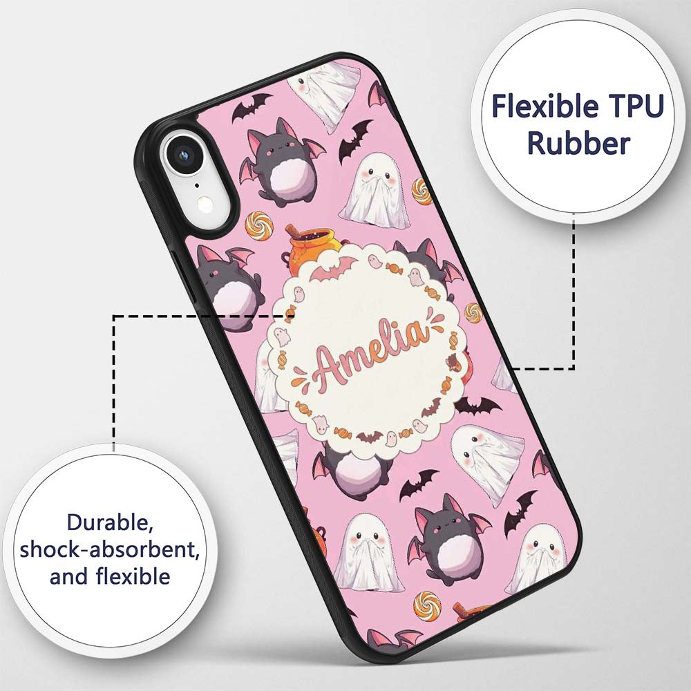Cute Kawaii Halloween Ghost Bat Candy Pumpkin Custom Name Protective Phone Case Mobile Cover Durable Everyday Smartphone Shock Resistant