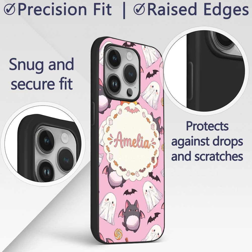Cute Kawaii Halloween Ghost Bat Candy Pumpkin Custom Name Protective Phone Case Mobile Cover Durable Everyday Smartphone Shock Resistant
