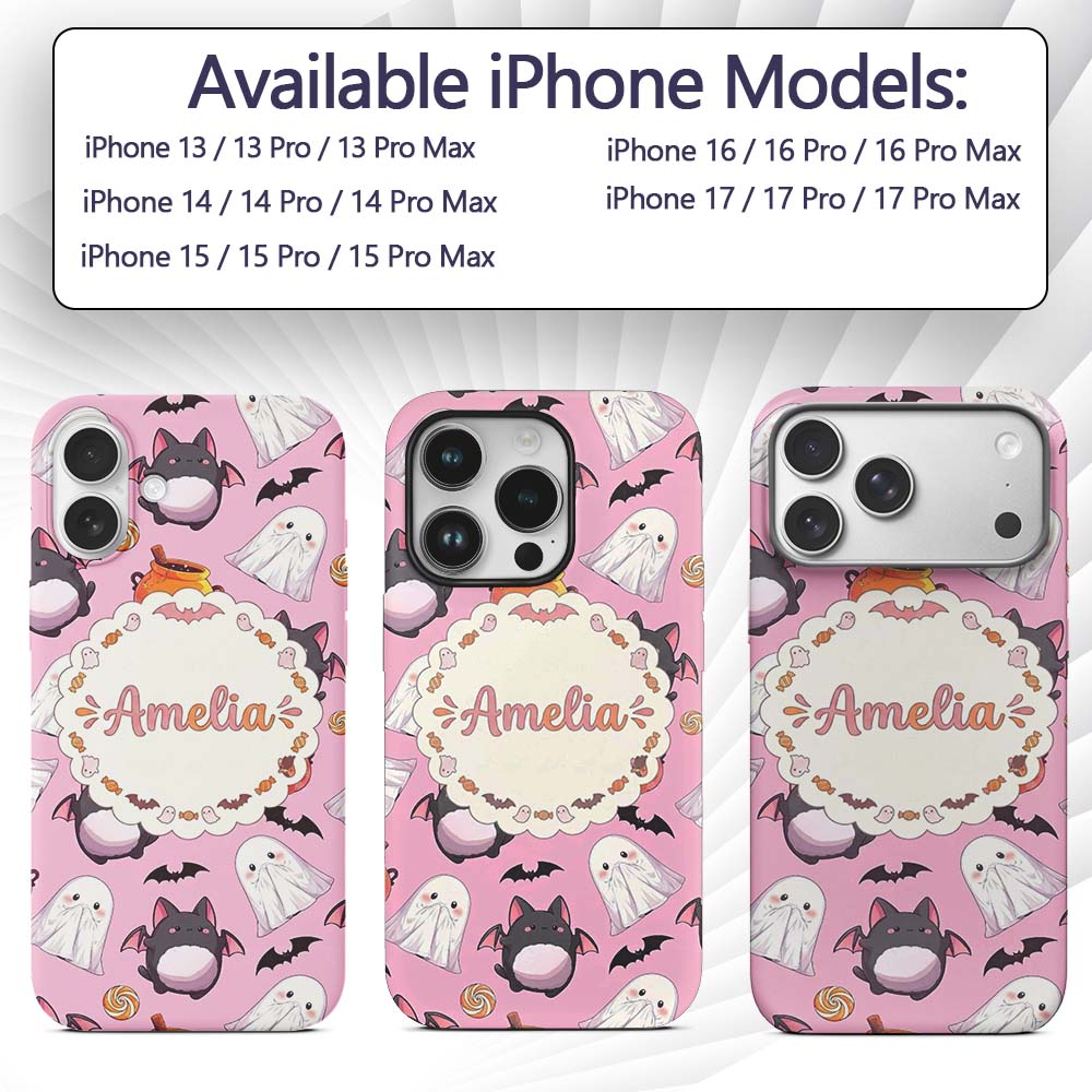 Cute Kawaii Halloween Ghost Bat Candy Pumpkin Custom Name Protective Phone Case Mobile Cover Durable Everyday Smartphone Shock Resistant