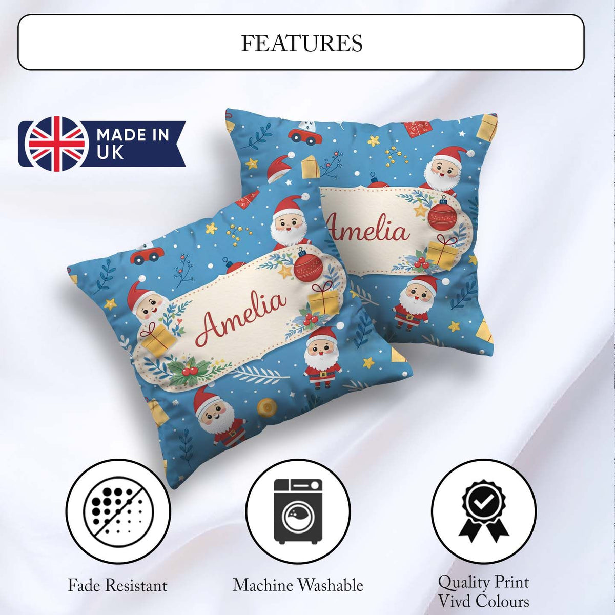 Custom Name Red Festive Christmas Tree Reindeer Snowman Seamless Square Filled Cushion Throw Pillow Sofa Bed Home Decor Zip Washable UK Made